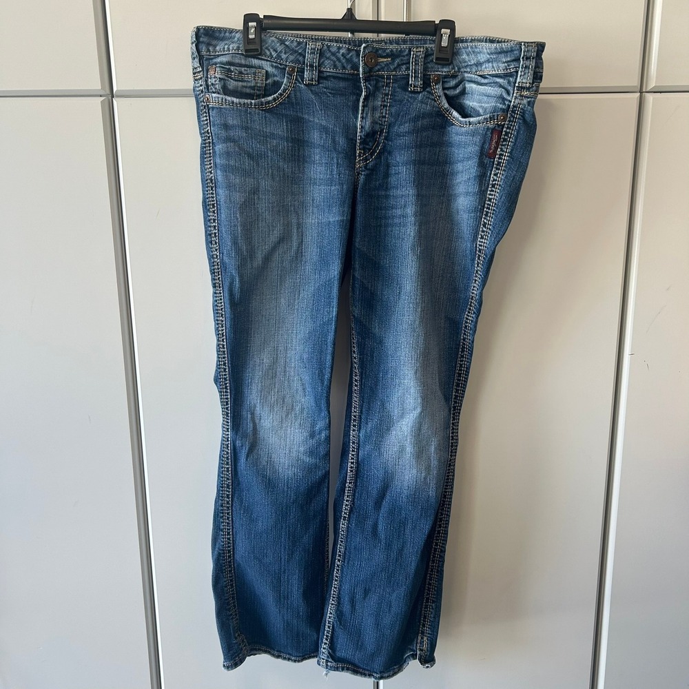 Silver Jeans Co Suki Mid Rise Bootcut Blue Denim Jeans Medium Wash Distressed 37